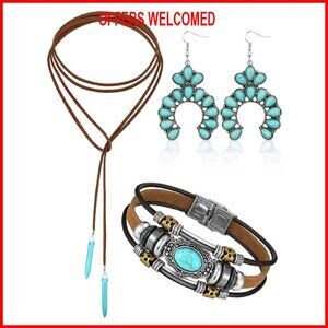 Boho Jewelry Set with Long Choker, Layered Bracelet, Dangle Earrings